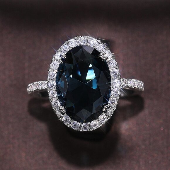 🌸Noble Hollow Anillos Super Large Oval Pure Royal Blue CZ Silver Ring, L263 - Picture 5 of 7